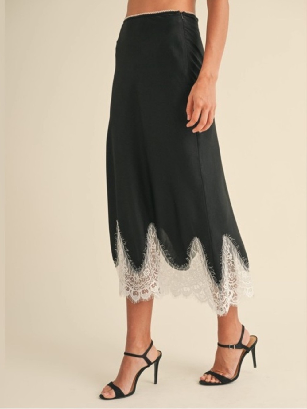 Black Midi Slip Skirt with White Lace Trim